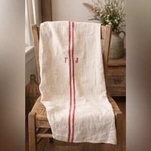 Antique European French Linen Grain Sack Red Stripe Monogram FJ Farmhouse